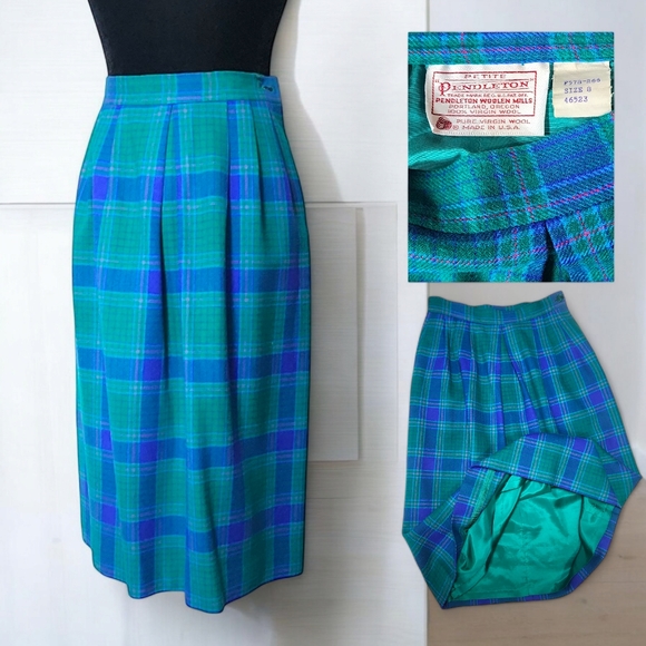 Vintage Pendleton Tartan Virgin Wool Lined Skirt Sz 8P W/Pockets Emerald Green - Picture 1 of 14